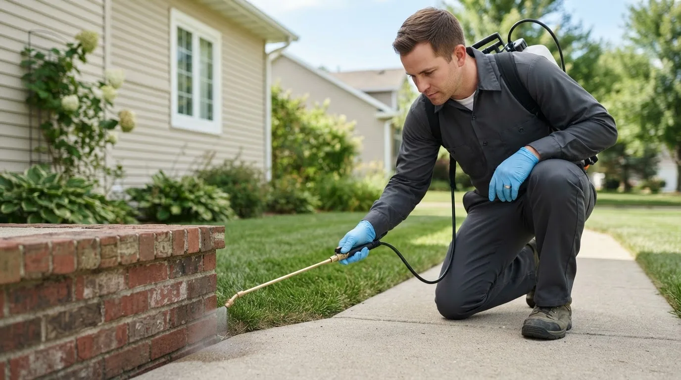 Pest control technician treating a home near Montezuma, NY